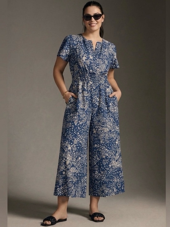 by Anthropologie The Somerset Wide Leg Jumpsuit Size XL Blue White Floral Casual - Picture 3 of 16
